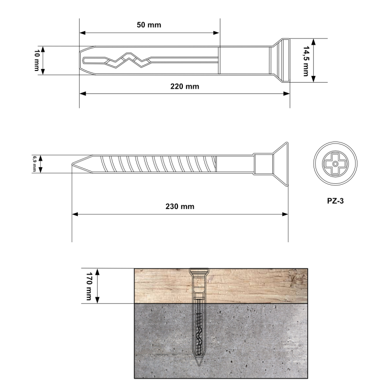50 Stück Ø10 x 220mm Schnellmontagedübel SM mit PZ-Antrieb