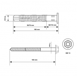 Ø10 x 160mm Sechskantkopfscharube mit Nylondübel und TX-Antrieb.